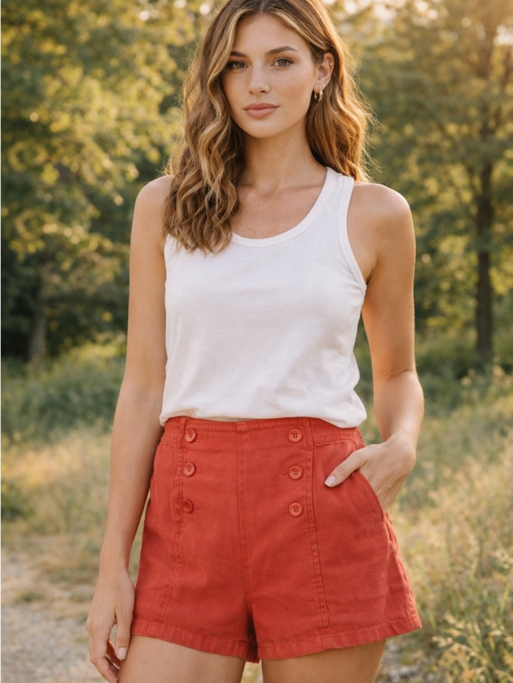 Unsubscribed High-Waist Red Button-Detail Women’s Shorts